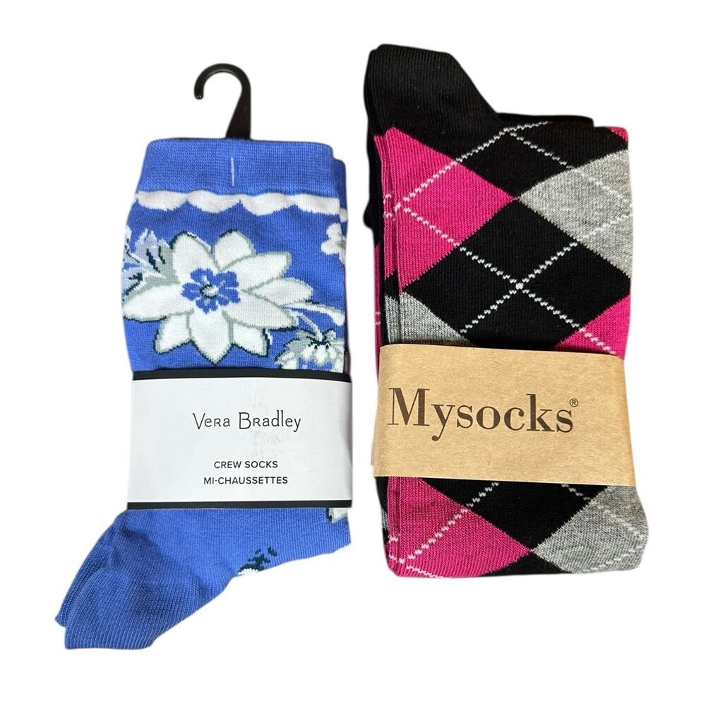 Vera Bradley Womens Crew Socks Sweet Garden Blue & My Socks Black Pink Argyle